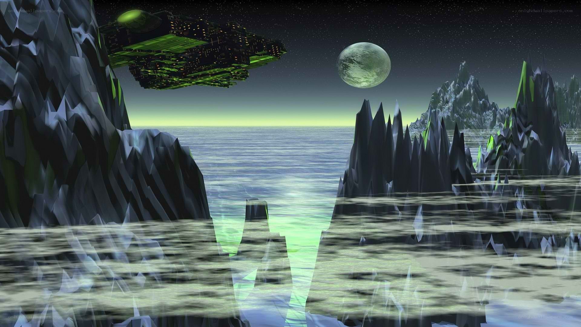alien landscape with spaceship