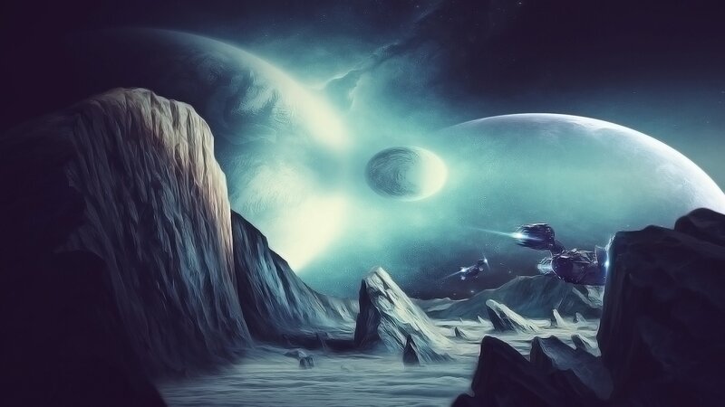 alien landscape with spaceships