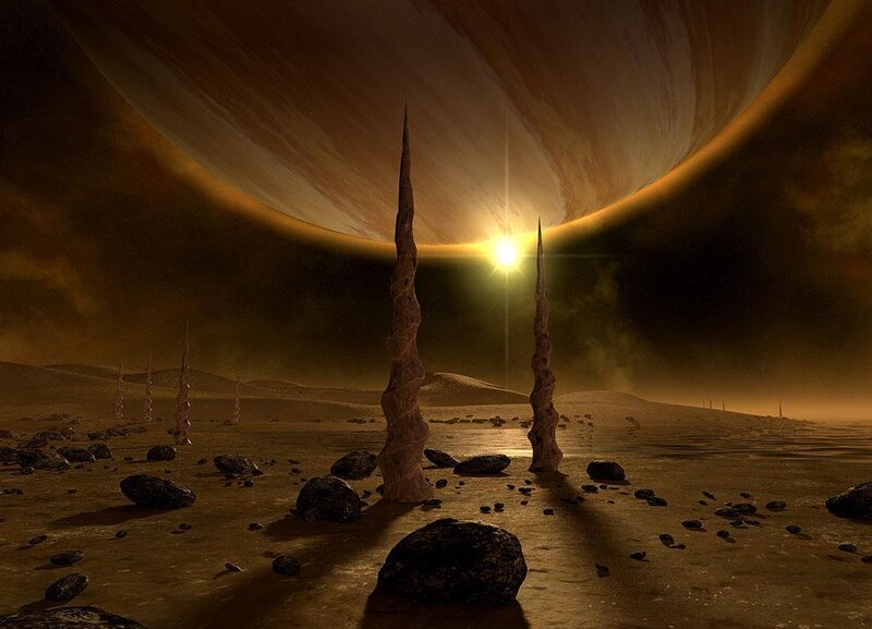 Alien Landscape with Spires — Brown, Dramatic, Sunset, Digital Art, Planet