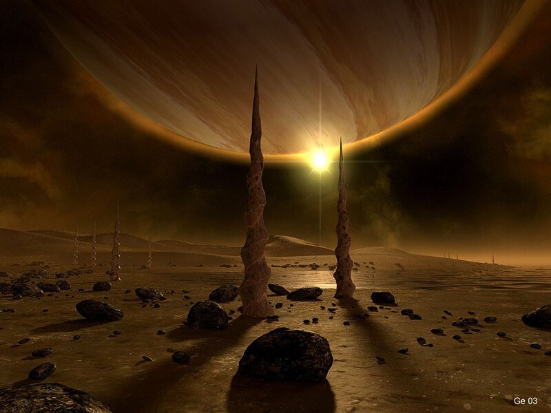 Alien Landscape with Spires — Brown, Dramatic, Sunset
