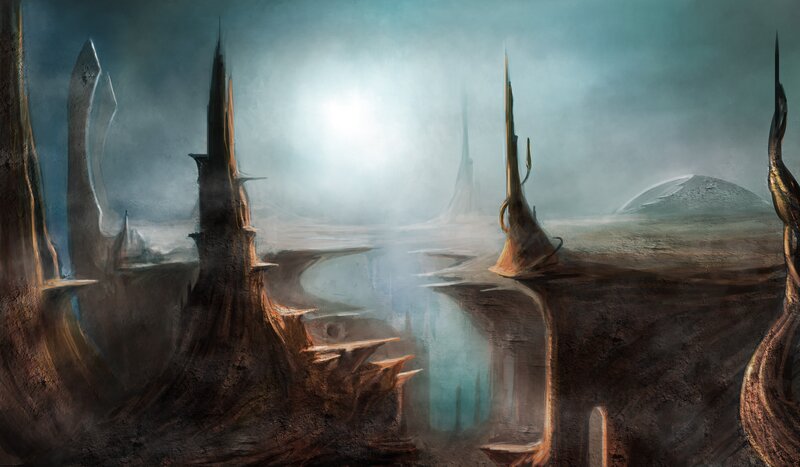 Alien Landscape with Spires — Brown, Mysterious