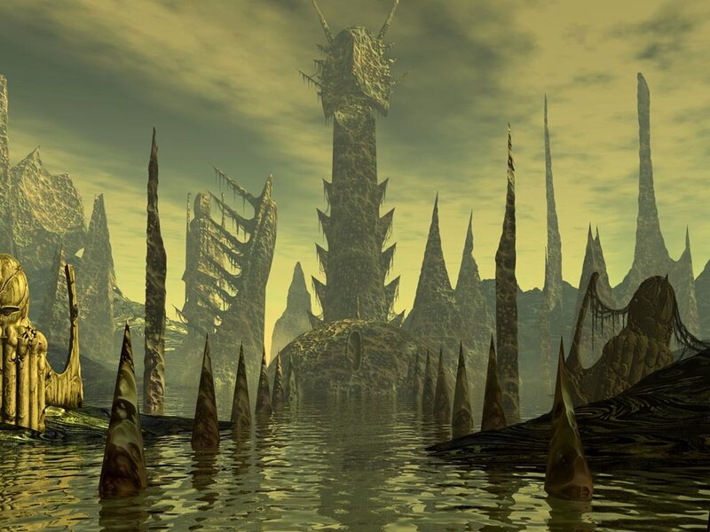 Alien Landscape with Spires — Green, Dramatic, 3d Render