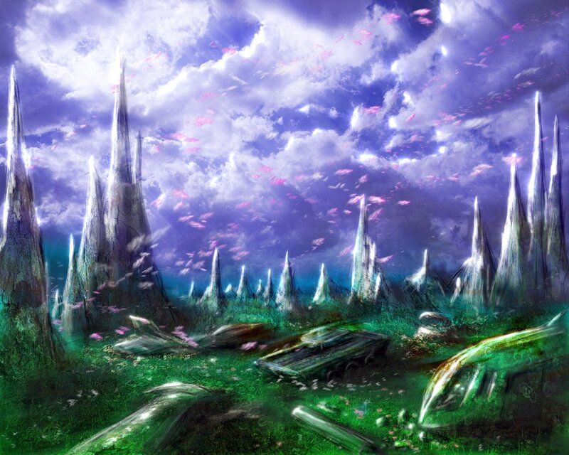 Alien Landscape with Spires — Green, Dramatic