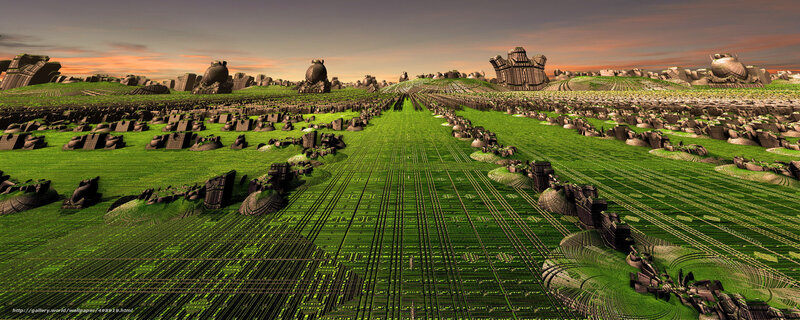Alien Landscape with Structures — Green, Dramatic