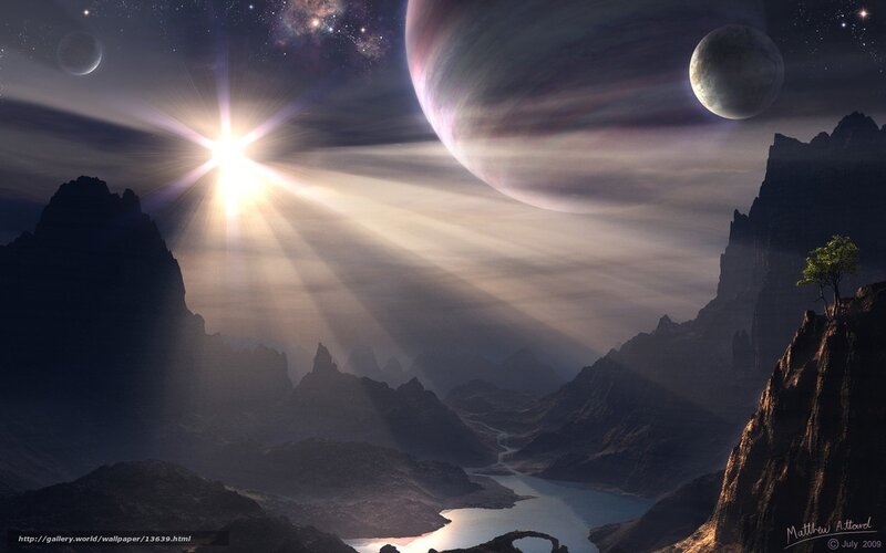Alien landscape with sun and planets