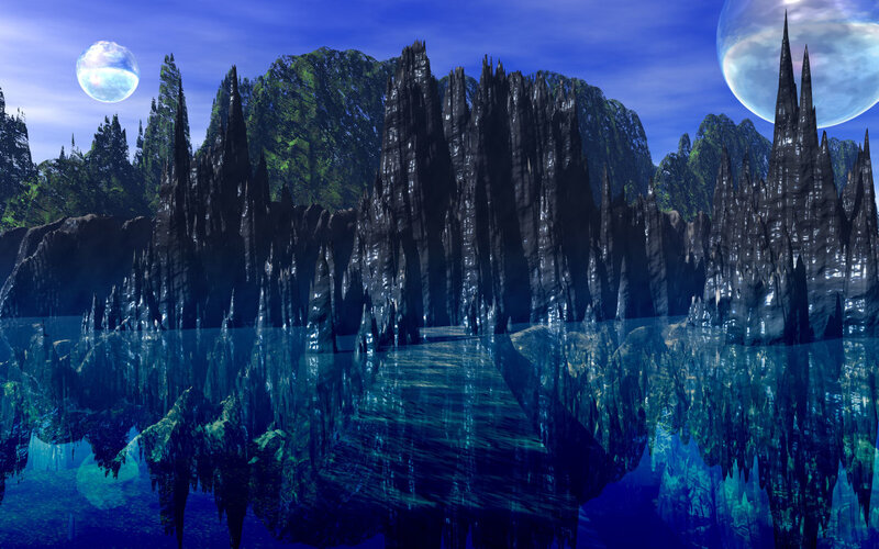 Alien Landscape with Twin Moons — Blue, Dramatic