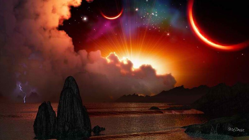Alien Landscape with Twin Moons — Red
