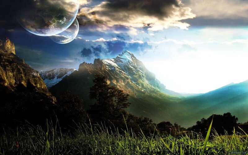 Alien landscape with twin planets