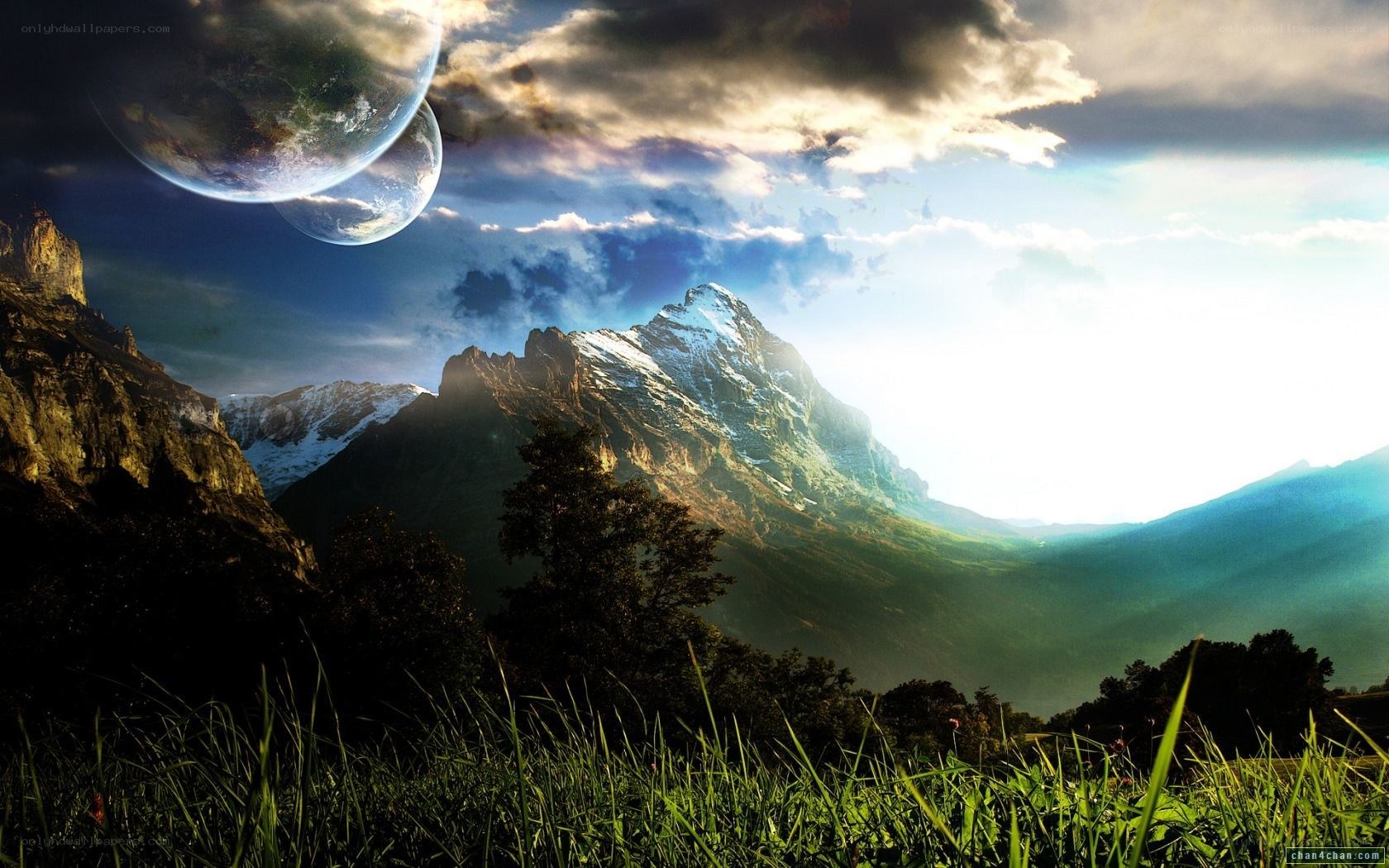 Alien landscape with twin planets