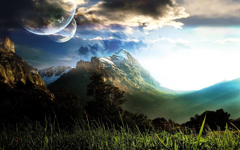 Alien landscape with twin planets