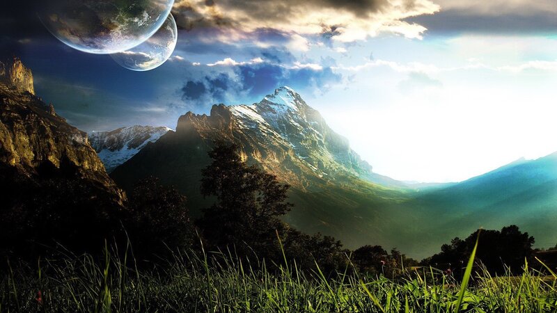 Alien landscape with twin planets