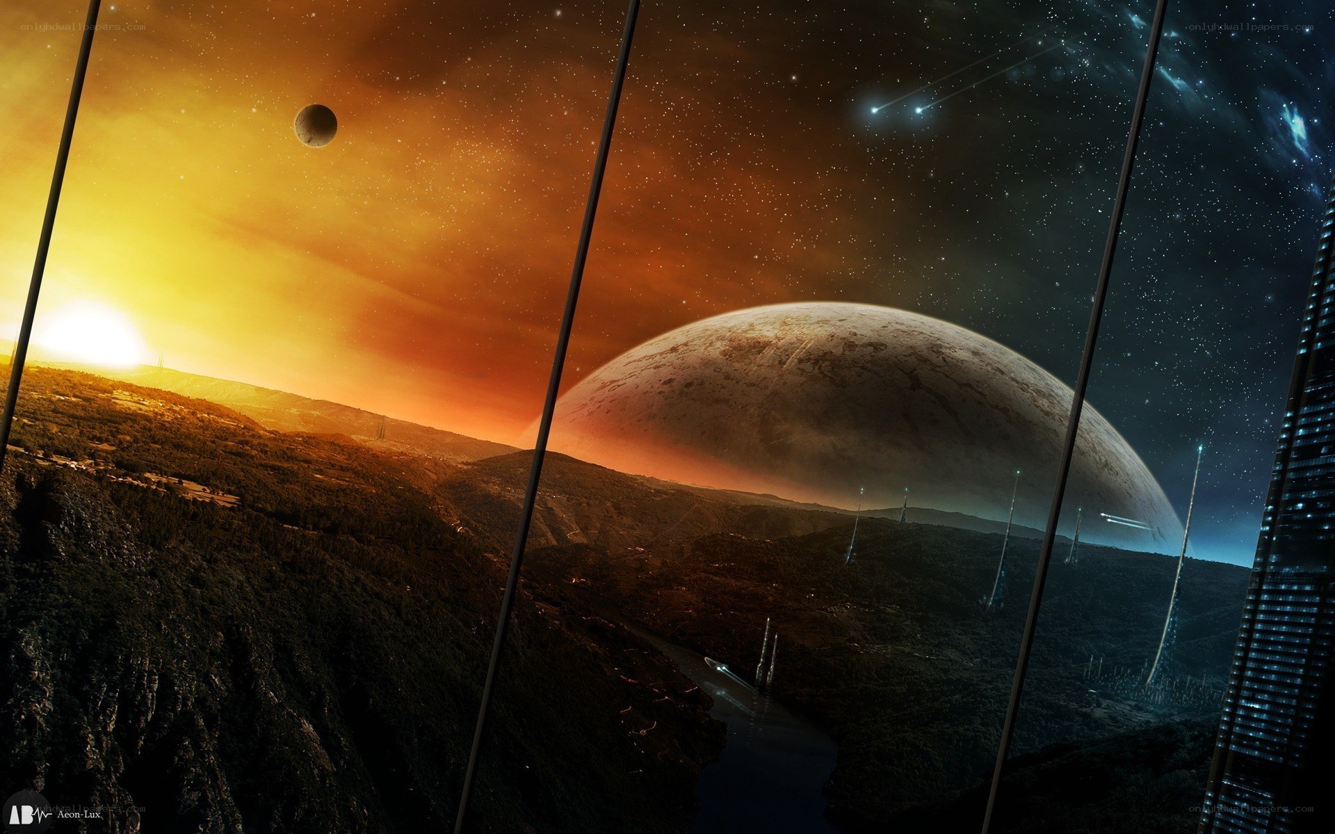 alien landscape with twin planets