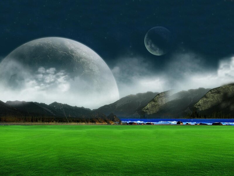 Alien Landscape with Two Moons — Green, Dramatic