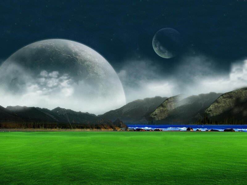 Alien Landscape with Two Moons — Green