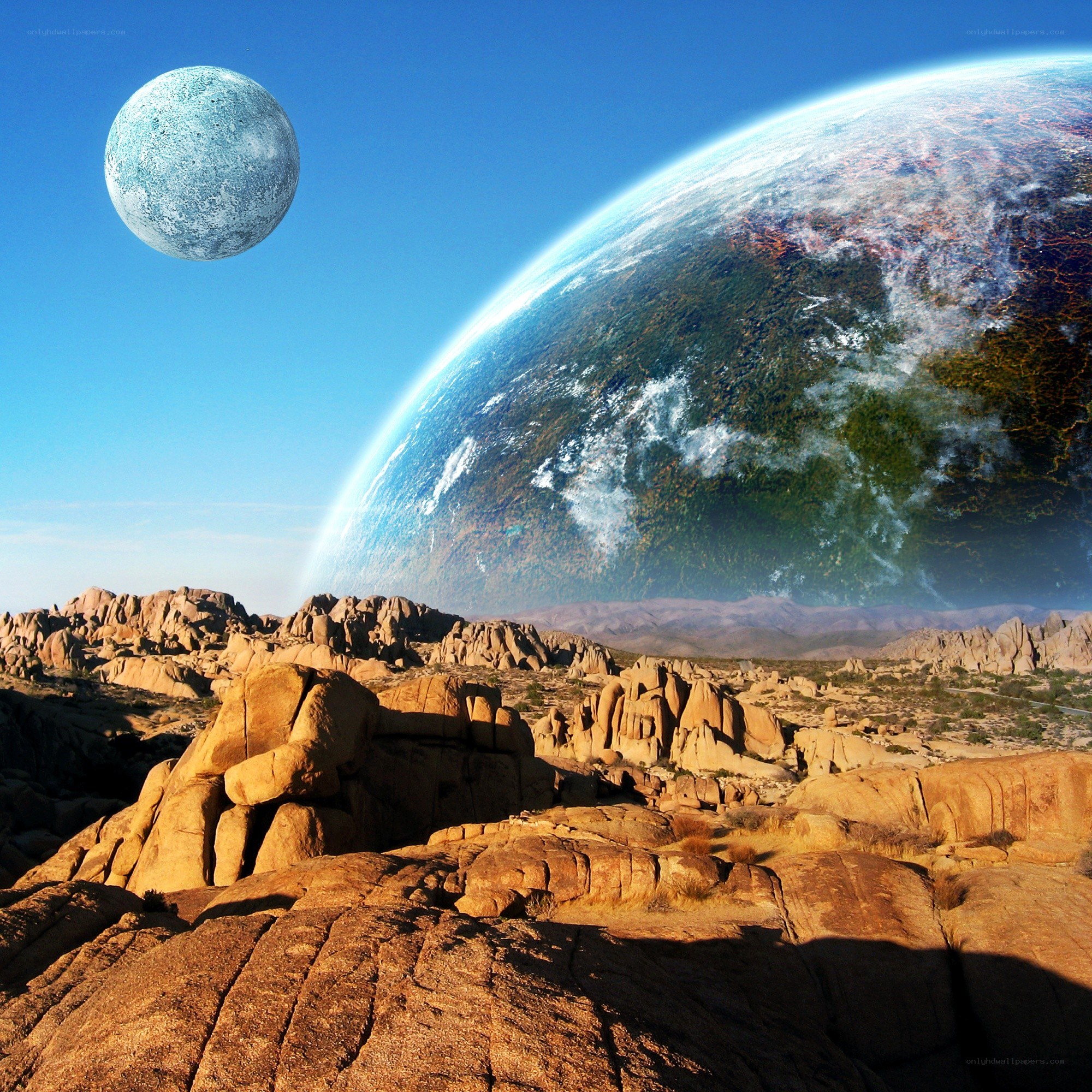 Alien landscape with two planets