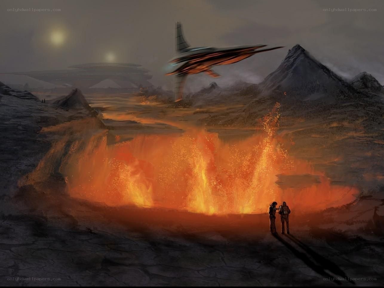 Alien landscape with volcanic eruption