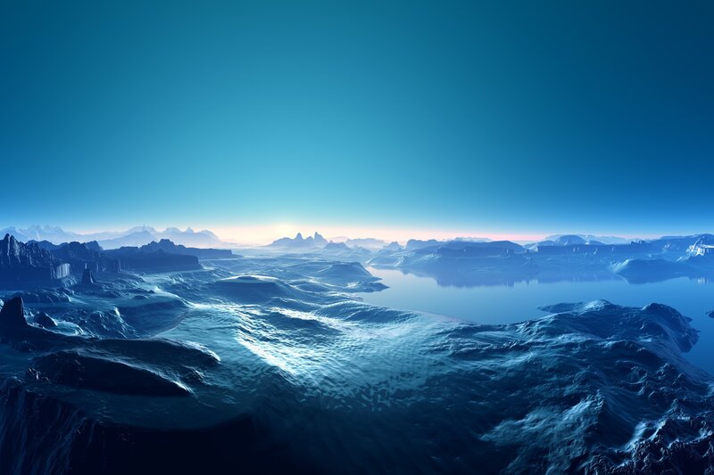 Alien Landscape with Water — Blue, Serene, Sunrise, 3d Render