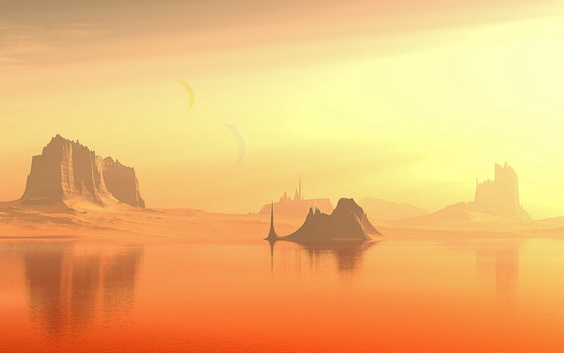 Alien Landscape with Water — Orange, Serene, Sunset, Digital Art