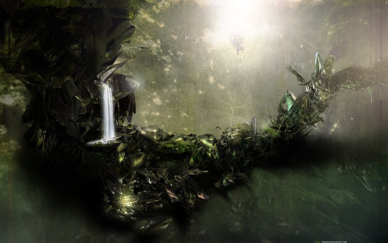 Alien Landscape with Waterfall — Green, Dramatic