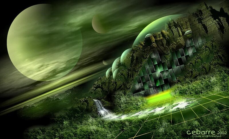 Alien Landscape with Waterfall — Green