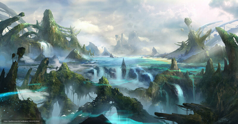 Alien Landscape with Waterfalls — Green