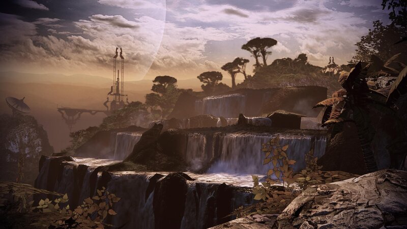 alien landscape with waterfalls
