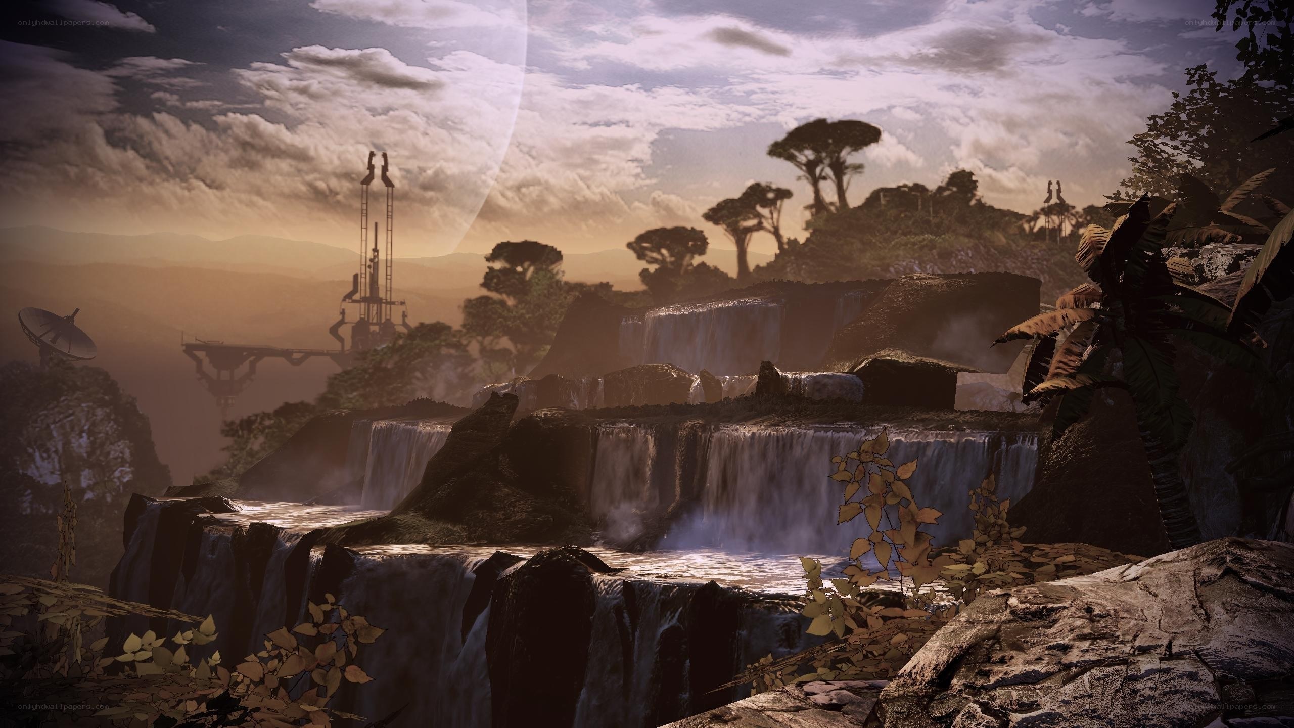 alien landscape with waterfalls
