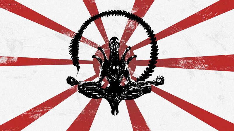 Alien meditating on rising sun