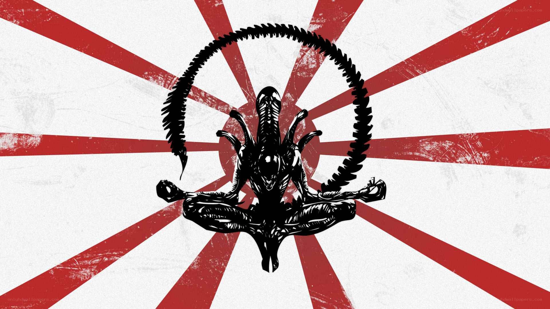 Alien meditating on rising sun