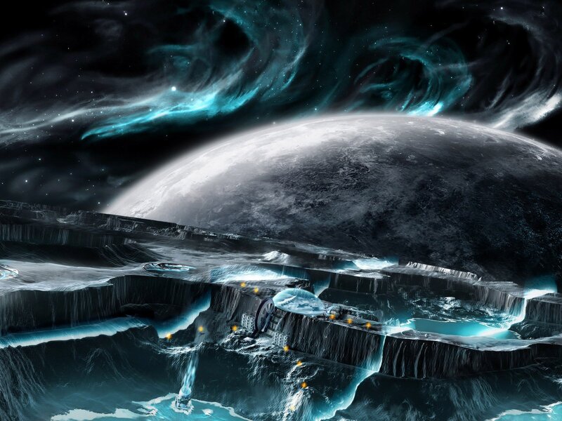 Alien Moon Base — Blue, Dramatic, Digital Art, Planet