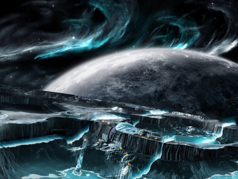 Alien moon base with glowing water