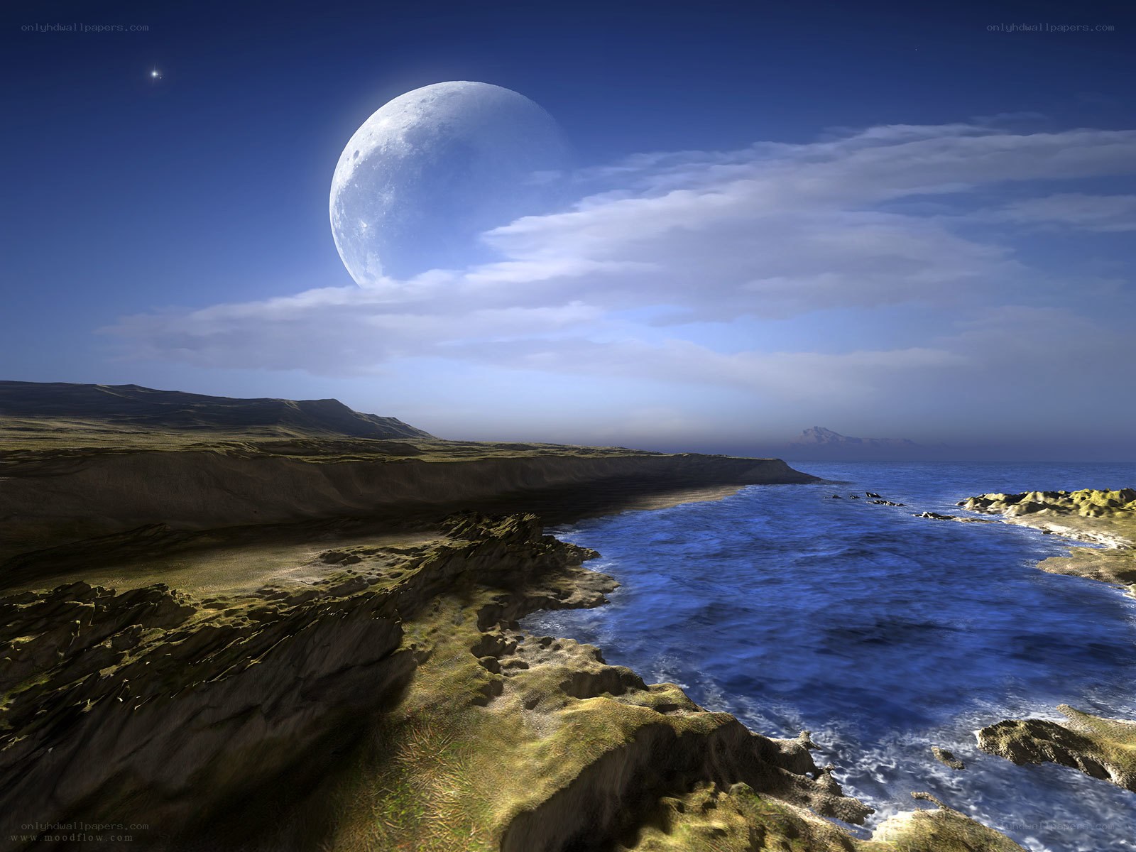 Alien moon over coastal landscape