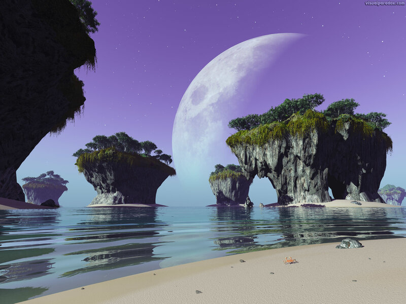 alien moon over floating islands