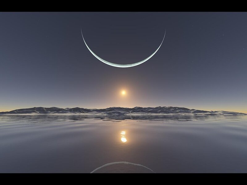 Alien Moon over Ice — Blue, Serene, Night, 3d Render
