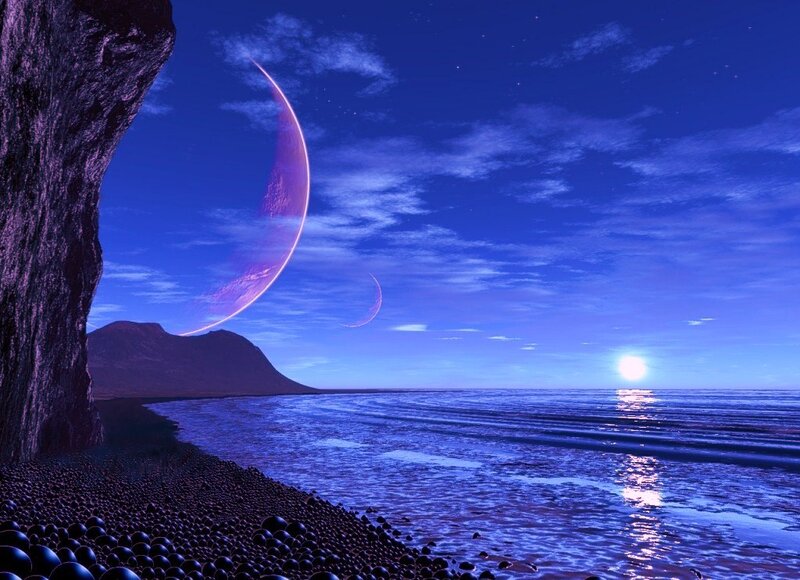 alien moon over ocean