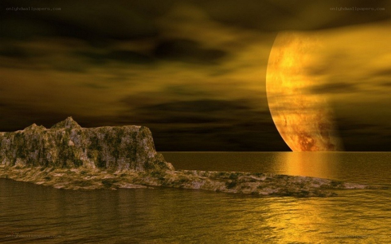 alien moon over rocky island