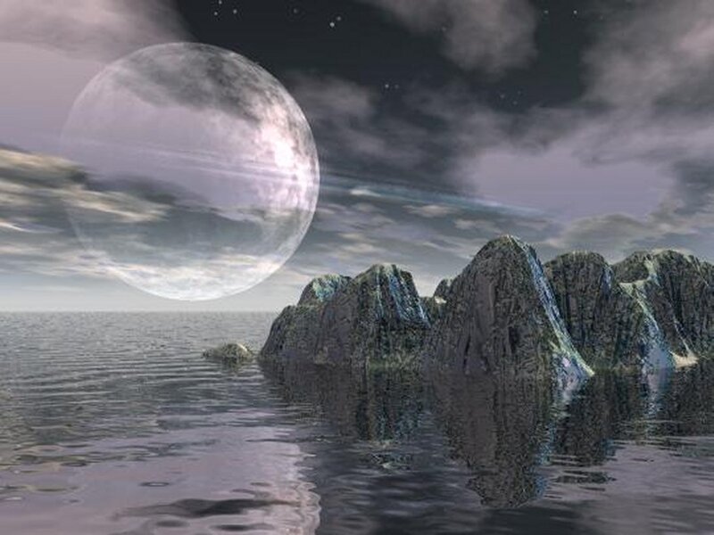 alien moon over rocky islands