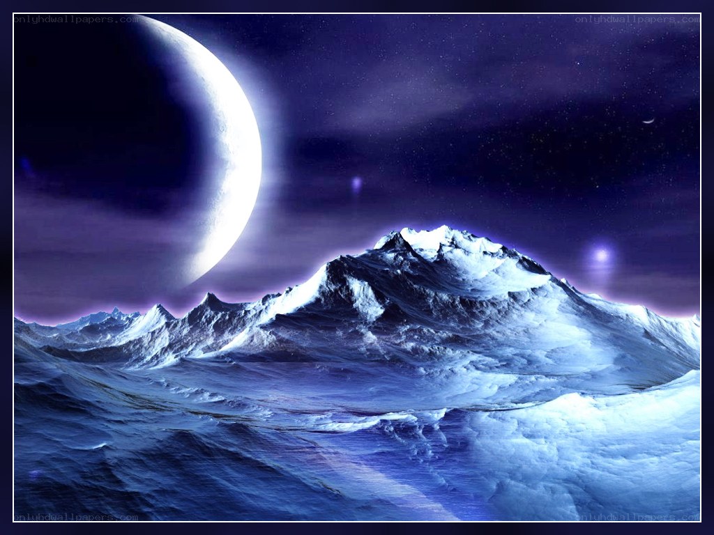 alien moon over snowy mountains