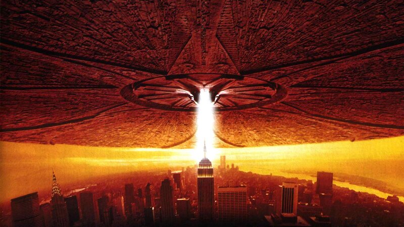 Alien Mothership over City — Red, Dramatic, Sunset