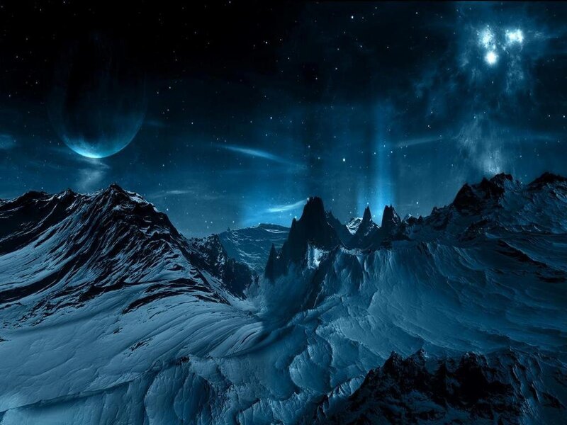 alien mountain landscape at night