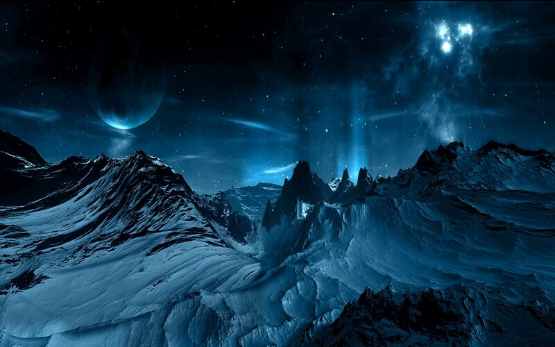 alien mountain landscape at night