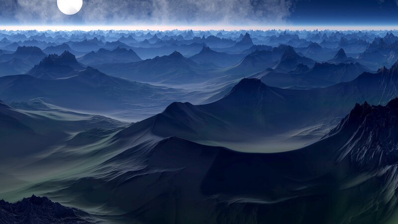 Alien Mountain Landscape — Blue, Dramatic, Night, Digital Art, Moon