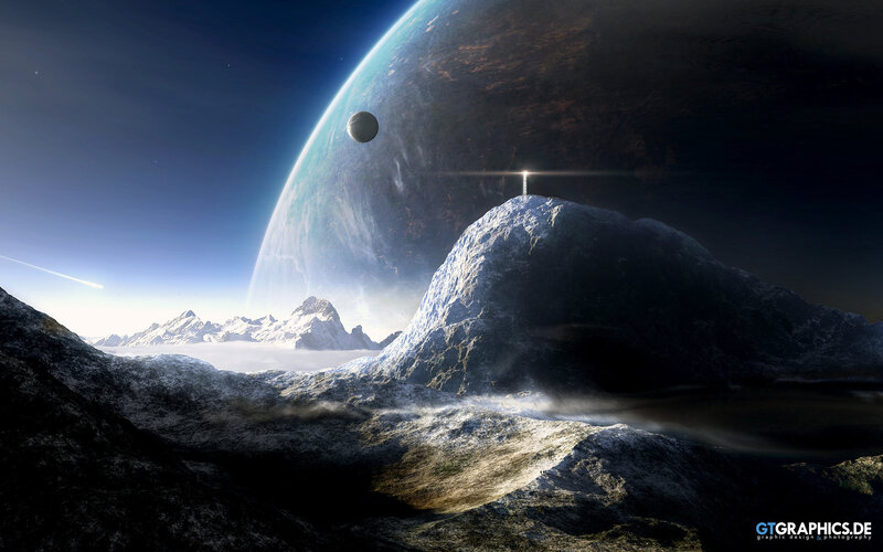 Alien Mountain Landscape — Blue, Dramatic, Night, Digital Art, Planet, Moon