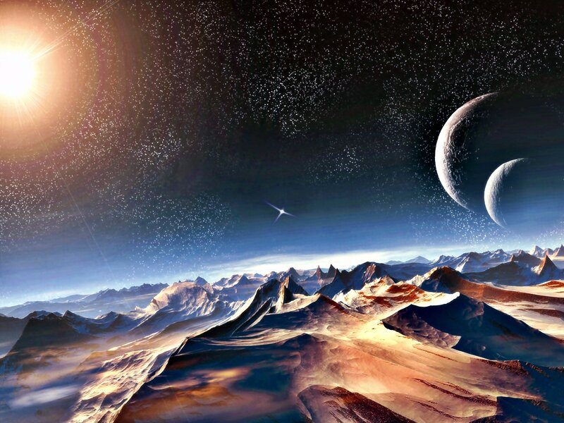Alien Mountain Landscape — Blue, Dramatic, Night, Digital Art, Stars, Planets