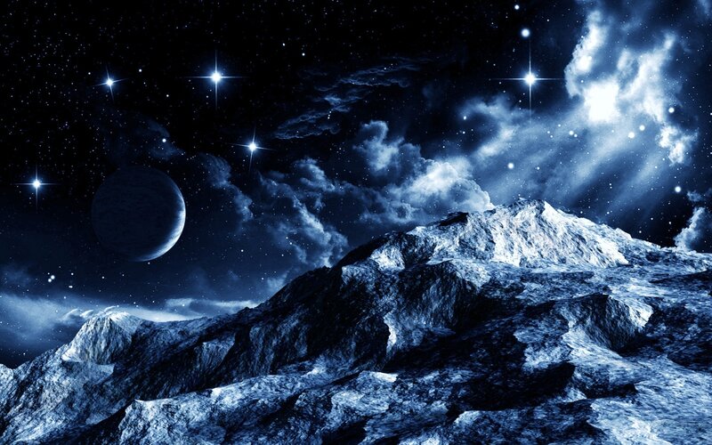 Alien Mountain Landscape — Blue, Dramatic, Night, Digital Art