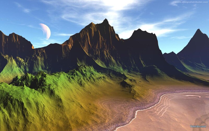 Alien Mountain Landscape — Green, Serene, Night