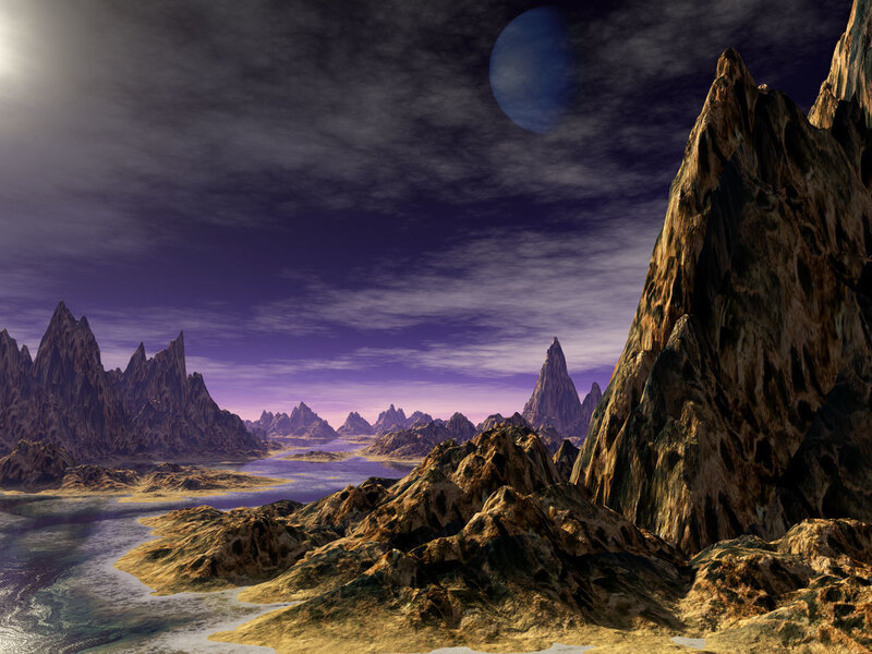 Alien Mountain Landscape — Purple, Dramatic, Night, 3d Render