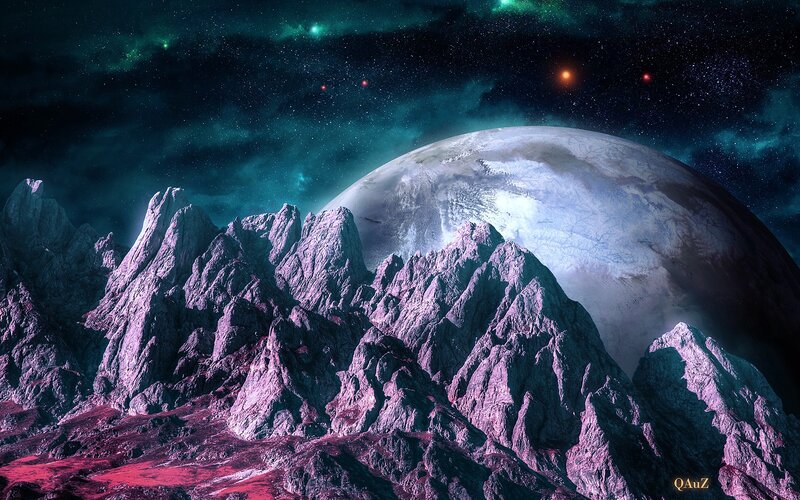 Alien Mountain Landscape — Purple, Dramatic, Night, Digital Art