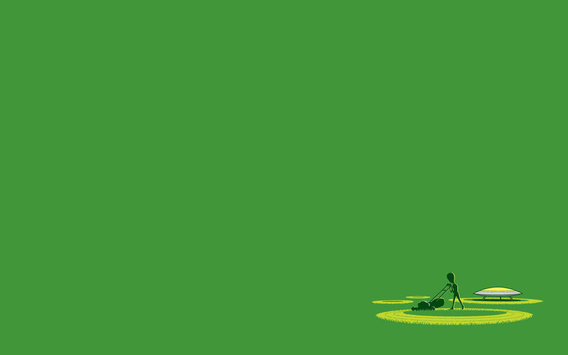alien mowing lawn