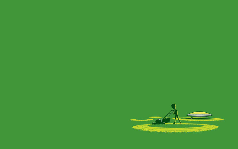 alien mowing lawn